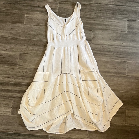Italian Inizio Magic 2 Pocket Sleeveless White/Black Striped Linen Midi Dress L - Picture 3 of 9